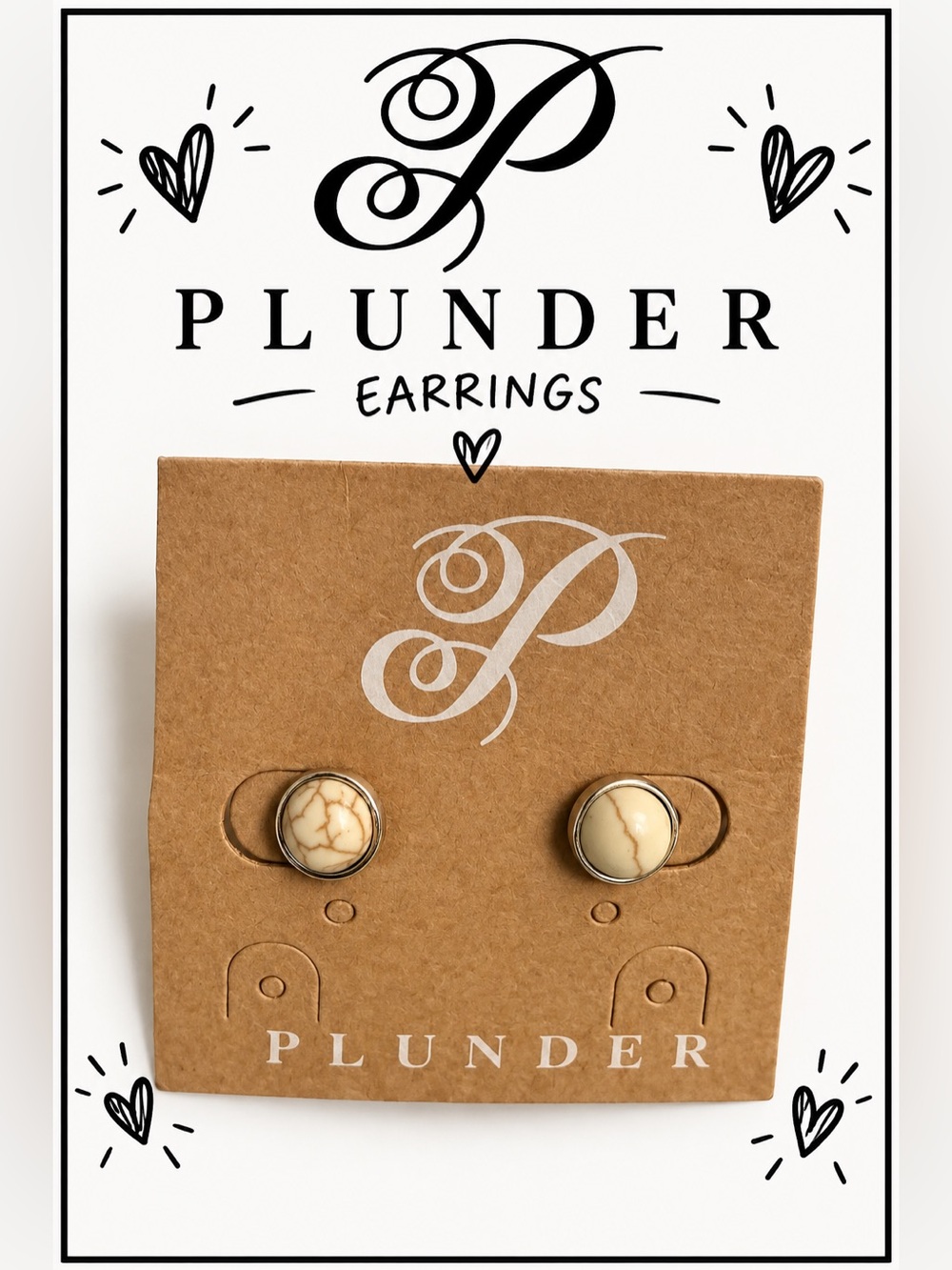 Plunder Jewelry Cream Marbled Stone Silver Tone Stud Earrings